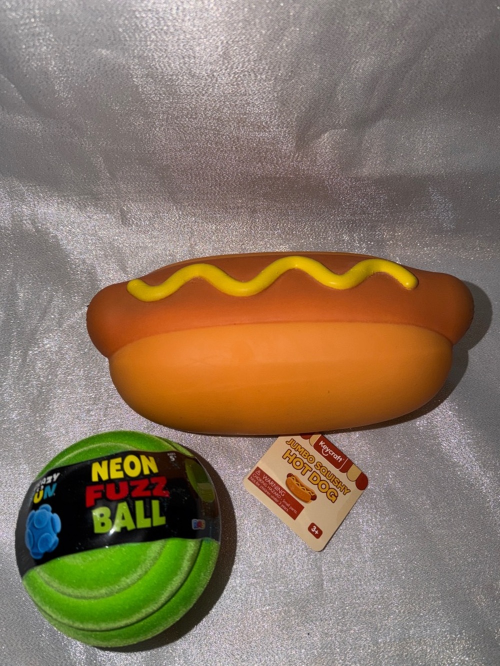 Jumbo Squishy Hot Dog & Neon Green Fuzz Ball